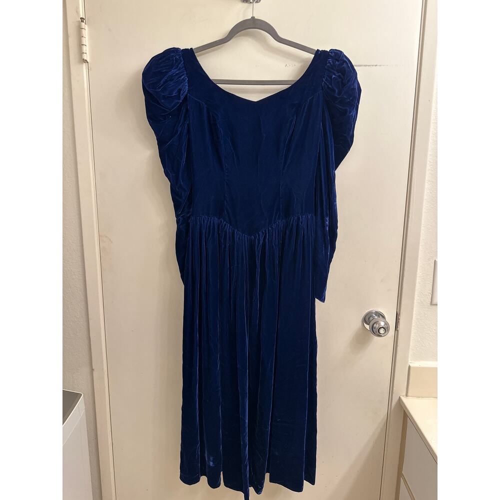 Vintage 80s Union Made Blue Velvet Dress w/ Satin Bow Whimsigoth Glam Sz 10